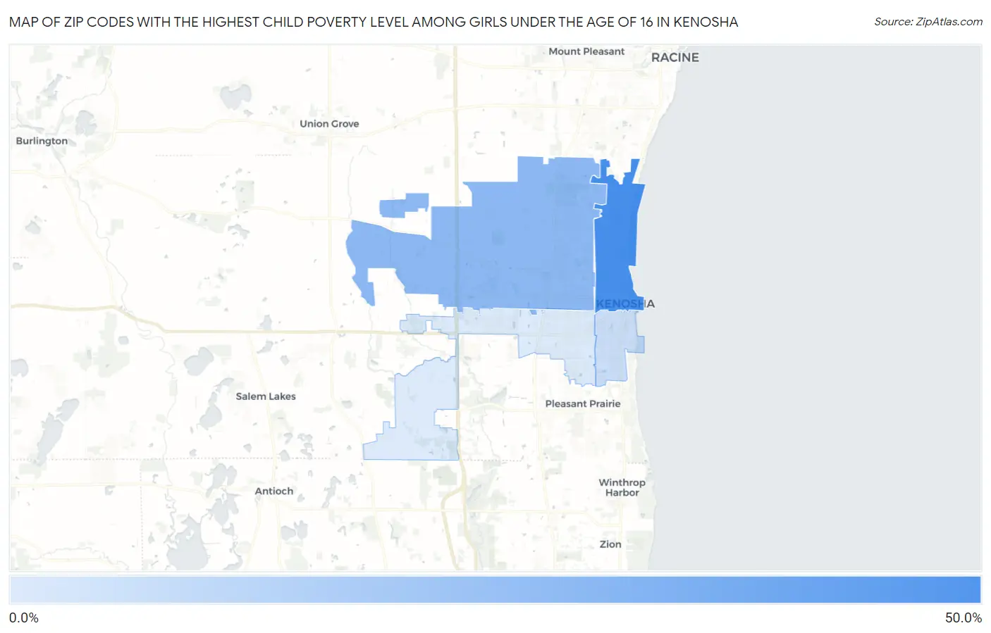 Zip Codes with the Highest Child Poverty Level Among Girls Under the Age of 16 in Kenosha Map
