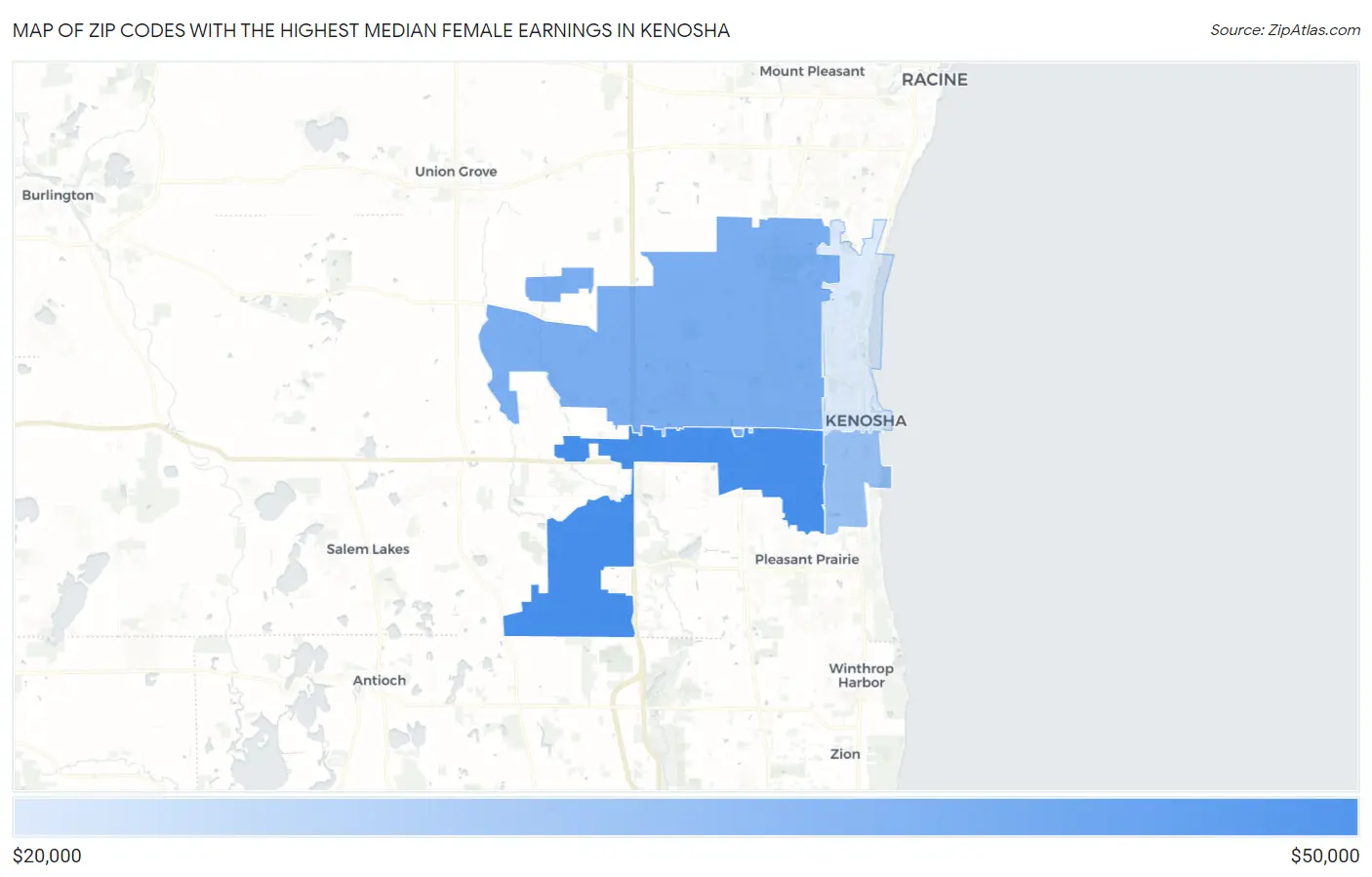 Zip Codes with the Highest Median Female Earnings in Kenosha Map