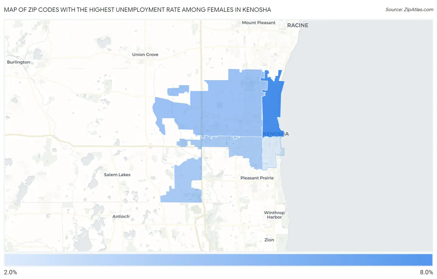 Zip Codes with the Highest Unemployment Rate Among Females in Kenosha Map