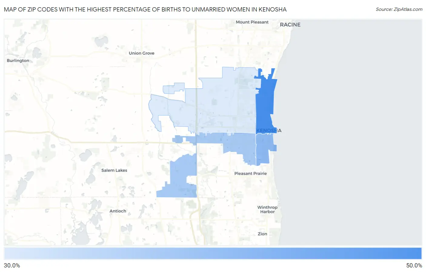 Zip Codes with the Highest Percentage of Births to Unmarried Women in Kenosha Map