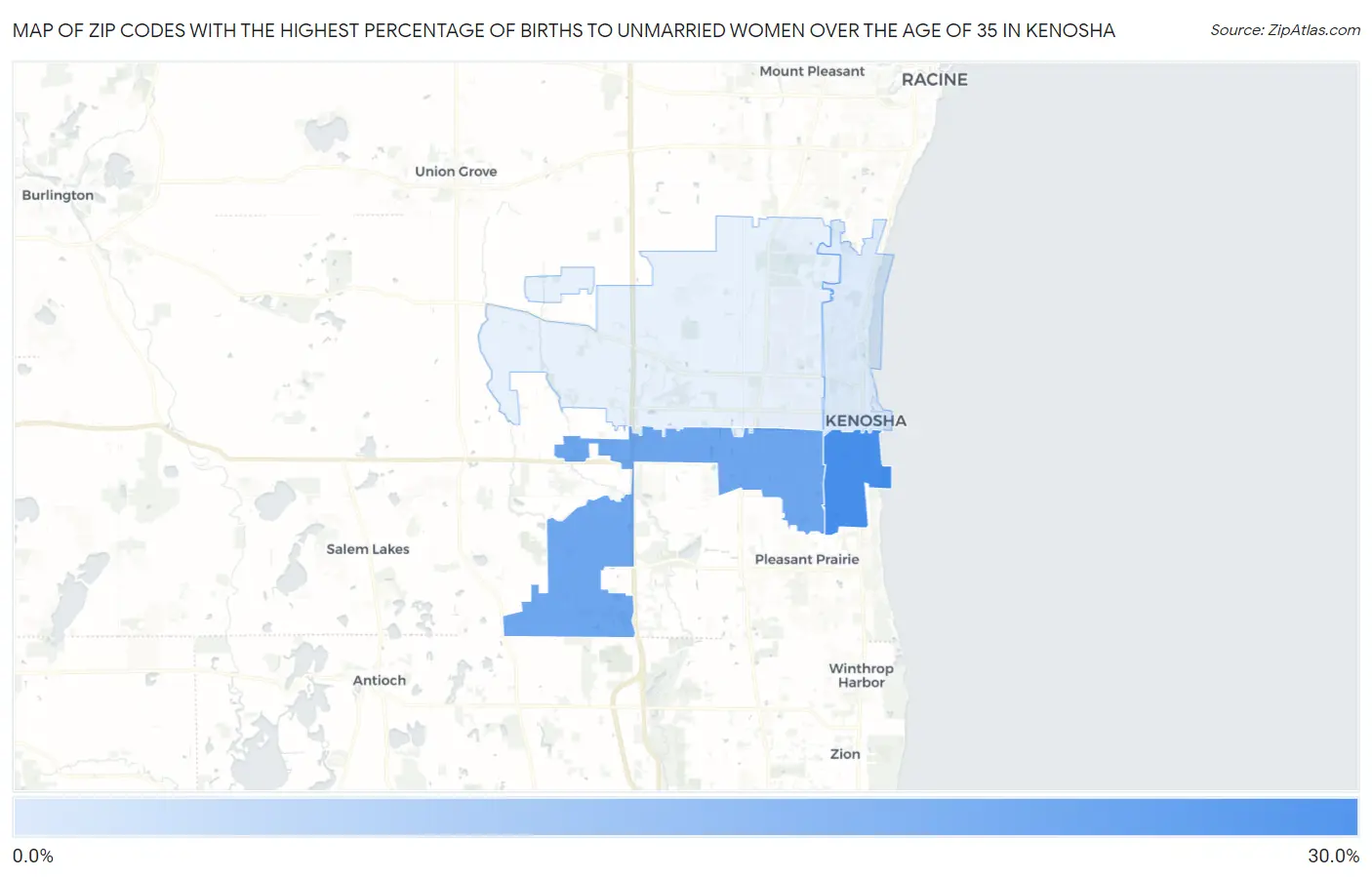 Zip Codes with the Highest Percentage of Births to Unmarried Women over the Age of 35 in Kenosha Map