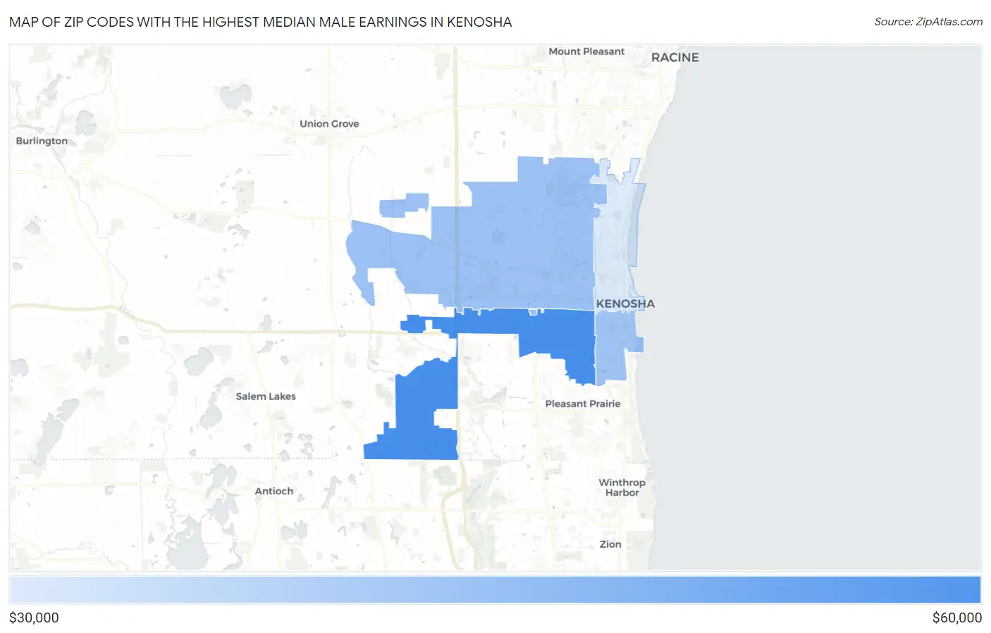 Zip Codes with the Highest Median Male Earnings in Kenosha Map