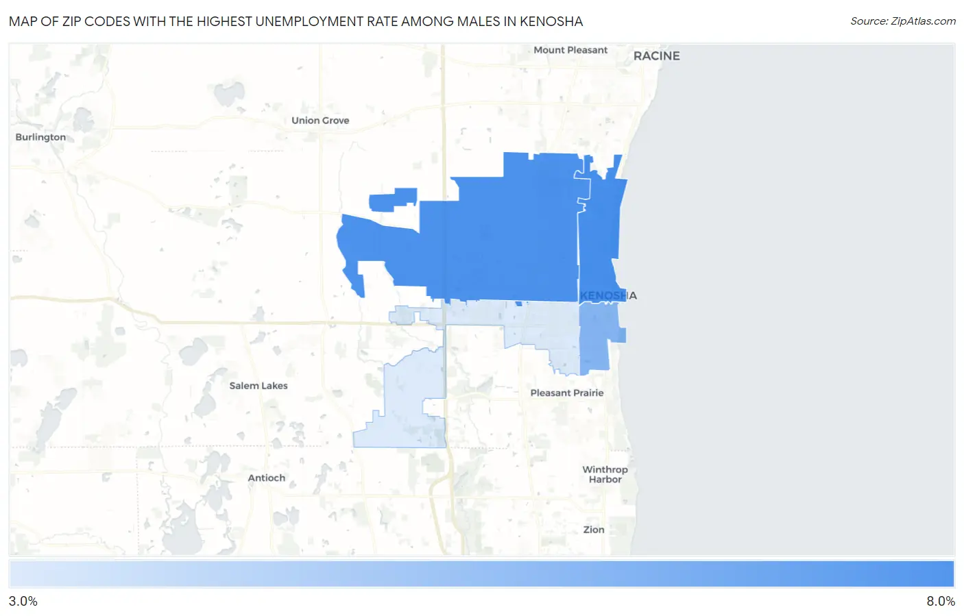 Zip Codes with the Highest Unemployment Rate Among Males in Kenosha Map