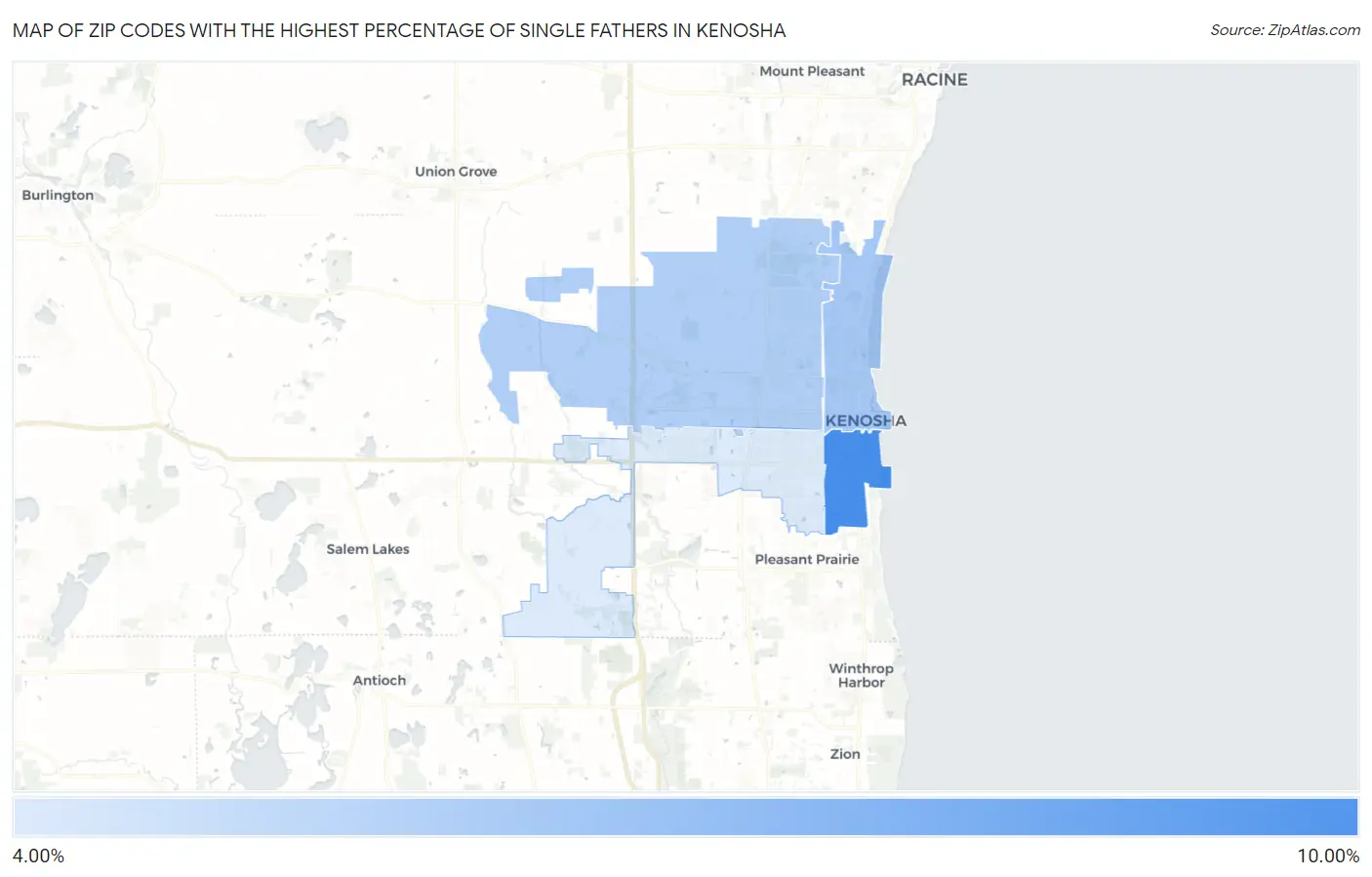 Zip Codes with the Highest Percentage of Single Fathers in Kenosha Map
