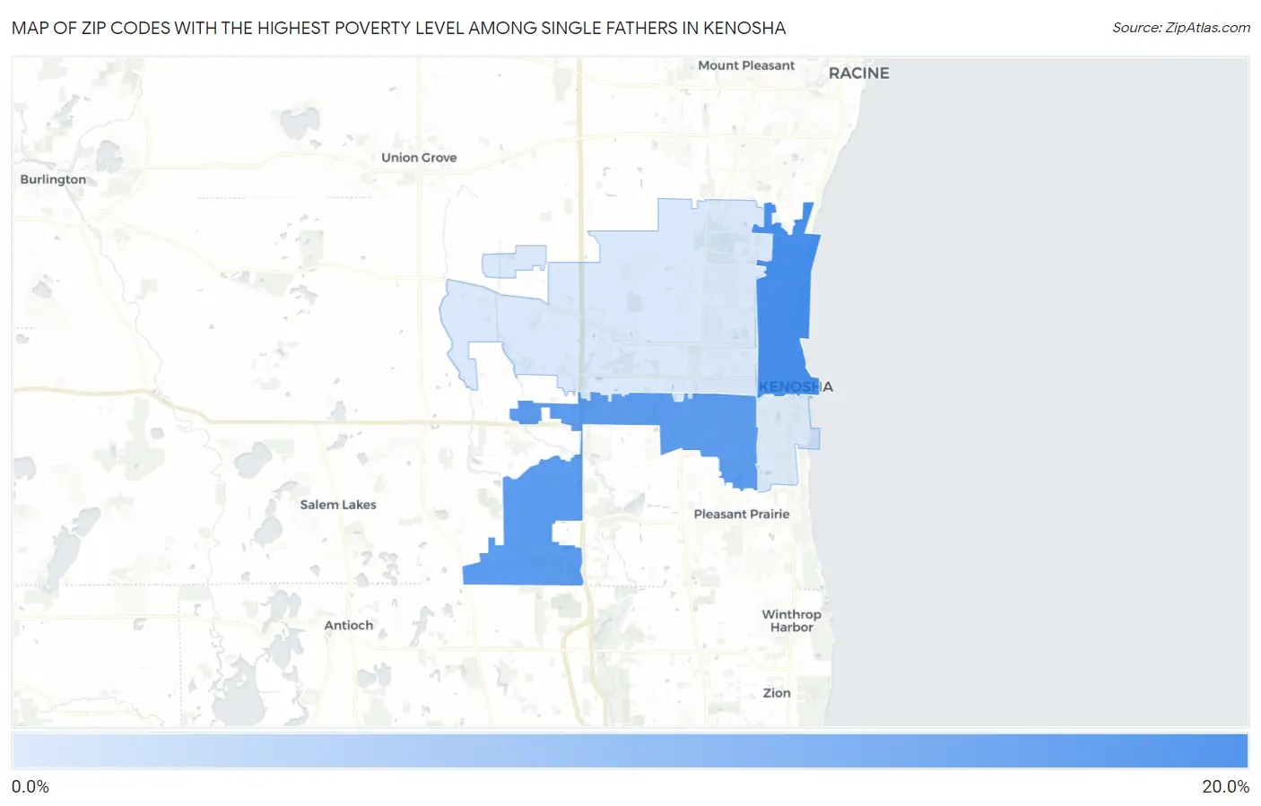 Zip Codes with the Highest Poverty Level Among Single Fathers in Kenosha Map