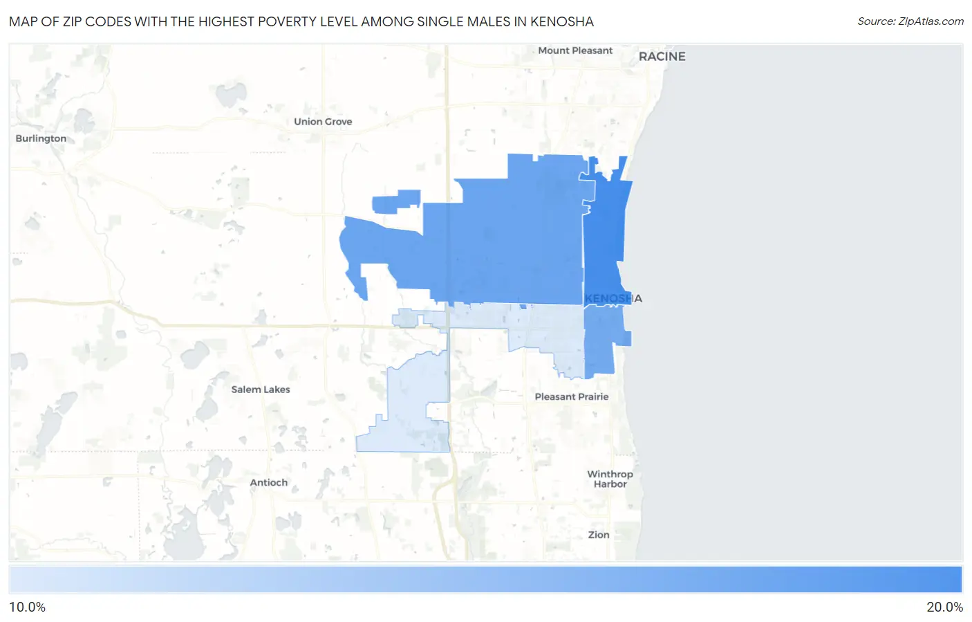 Zip Codes with the Highest Poverty Level Among Single Males in Kenosha Map