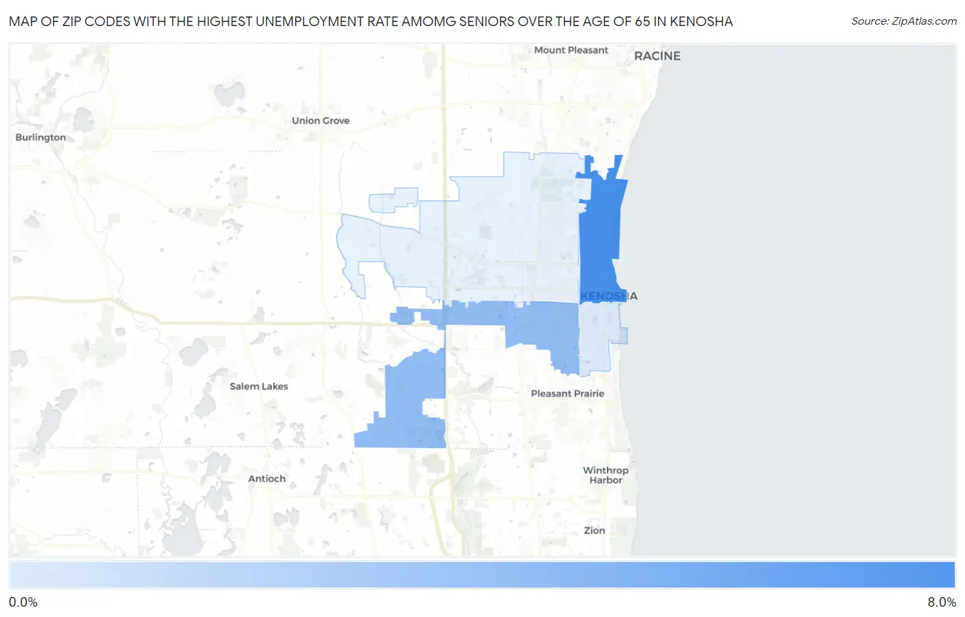 Zip Codes with the Highest Unemployment Rate Amomg Seniors Over the Age of 65 in Kenosha Map