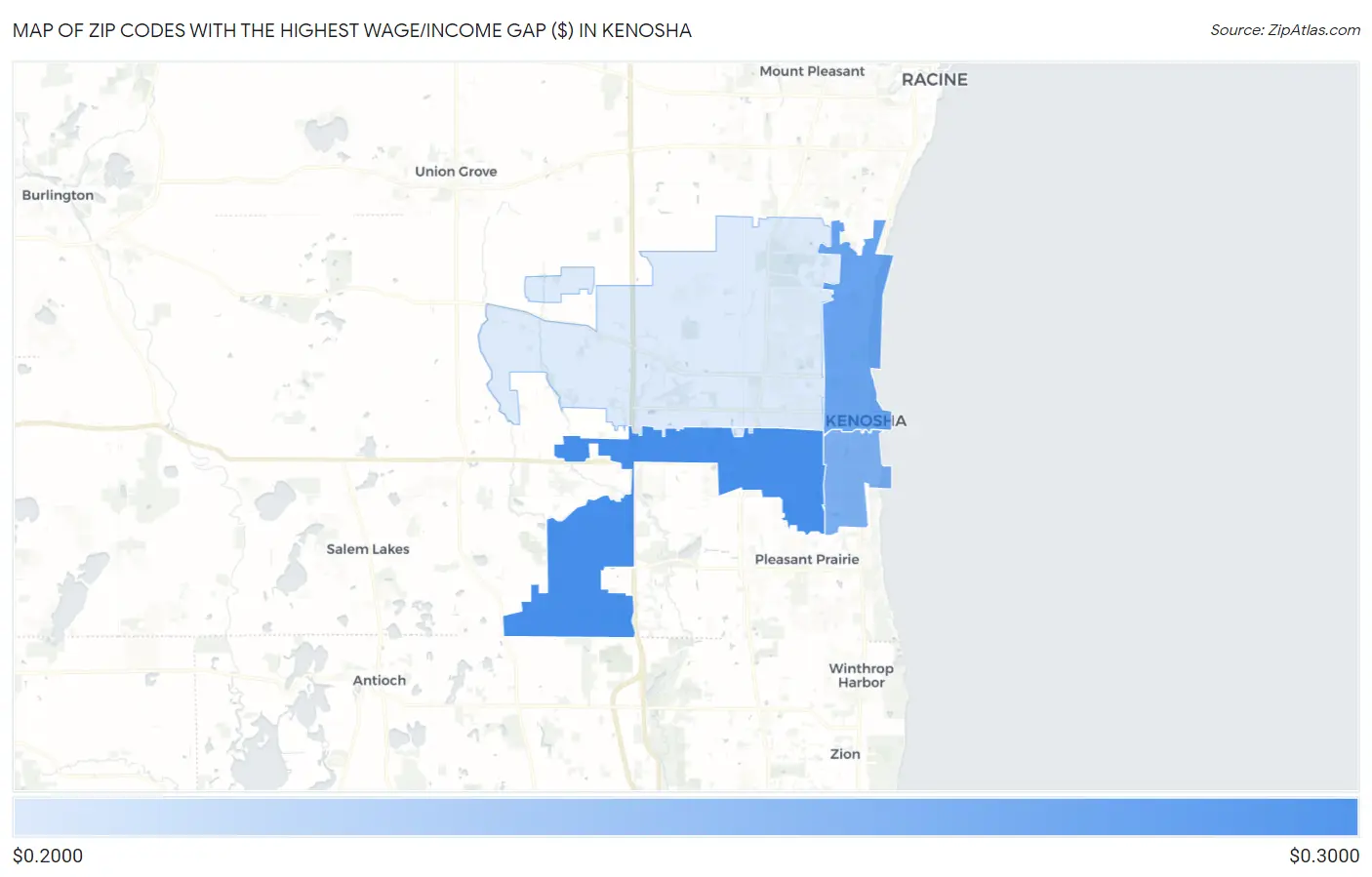 Zip Codes with the Highest Wage/Income Gap ($) in Kenosha Map