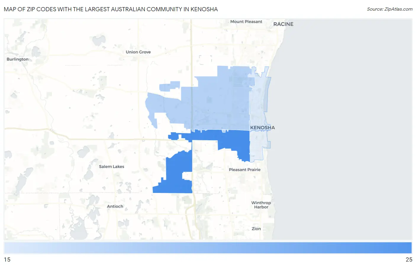 Zip Codes with the Largest Australian Community in Kenosha Map