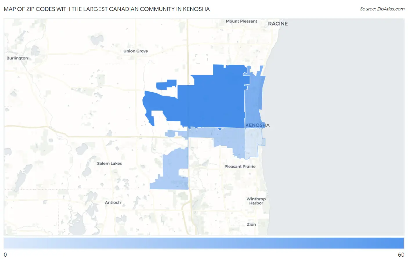 Zip Codes with the Largest Canadian Community in Kenosha Map