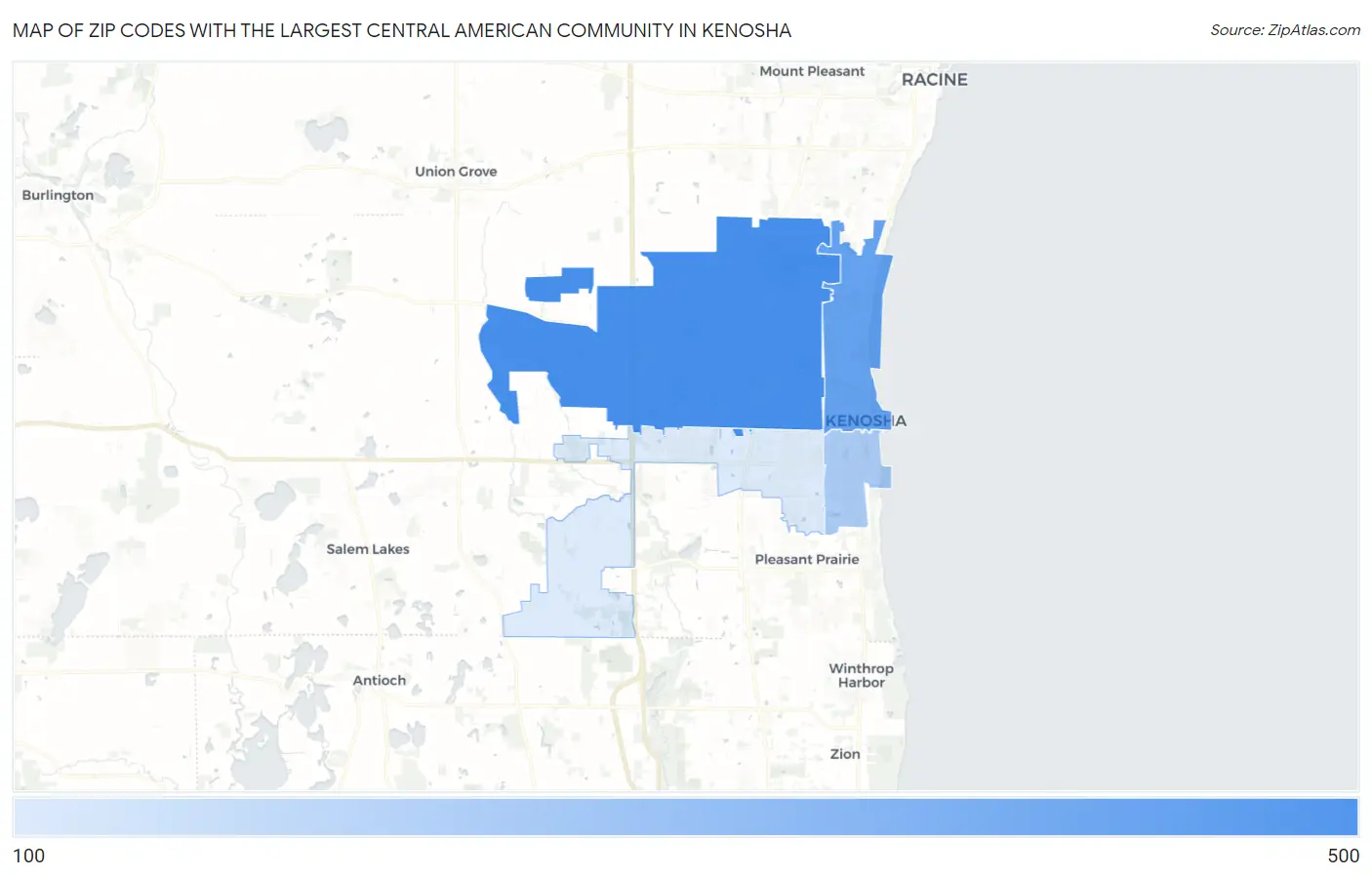 Zip Codes with the Largest Central American Community in Kenosha Map