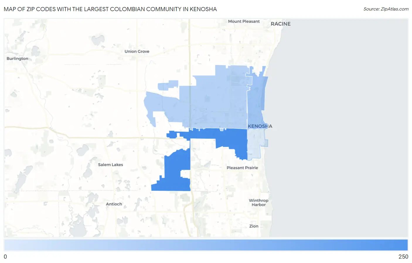 Zip Codes with the Largest Colombian Community in Kenosha Map