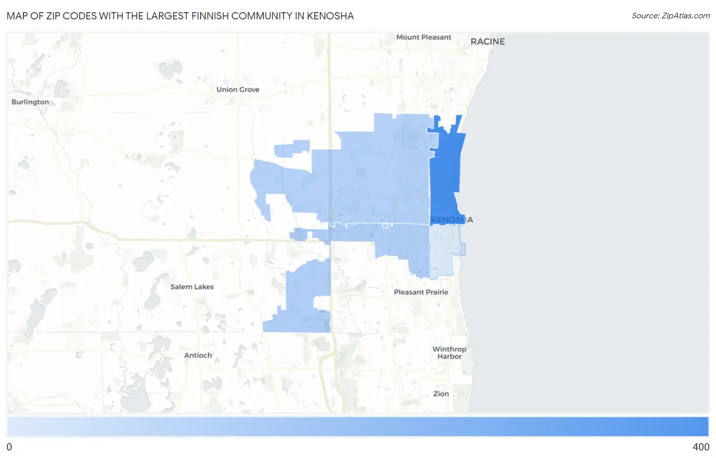Zip Codes with the Largest Finnish Community in Kenosha Map