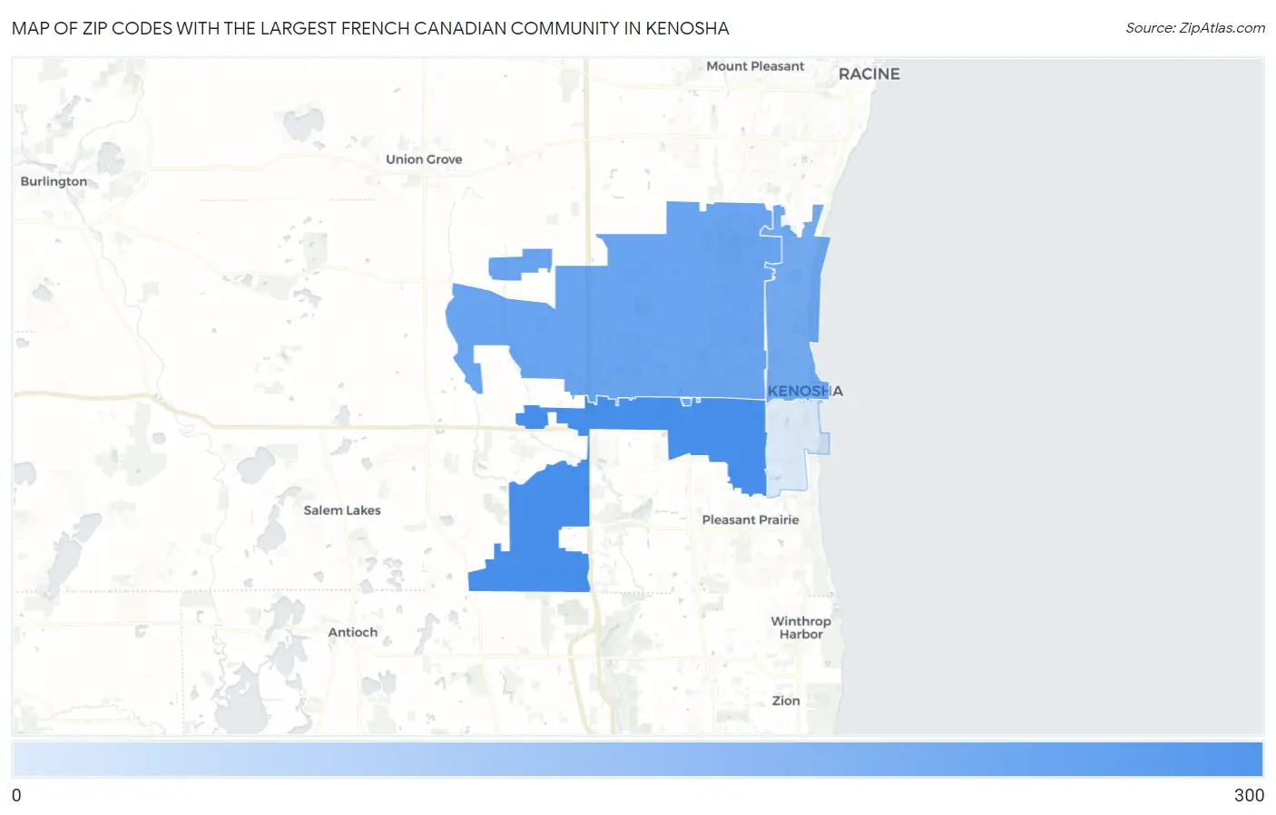 Zip Codes with the Largest French Canadian Community in Kenosha Map