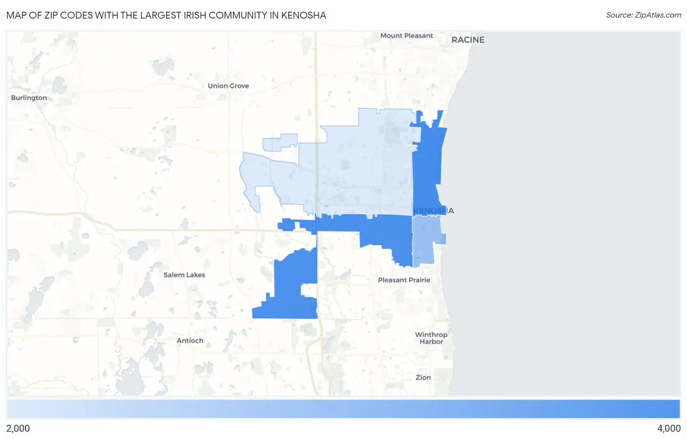 Zip Codes with the Largest Irish Community in Kenosha Map