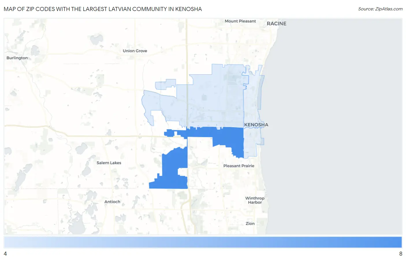 Zip Codes with the Largest Latvian Community in Kenosha Map