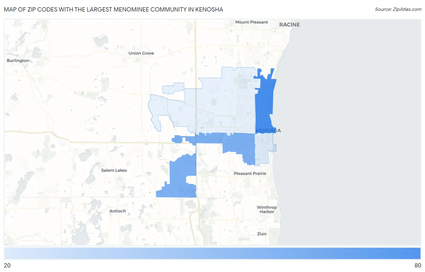Zip Codes with the Largest Menominee Community in Kenosha Map