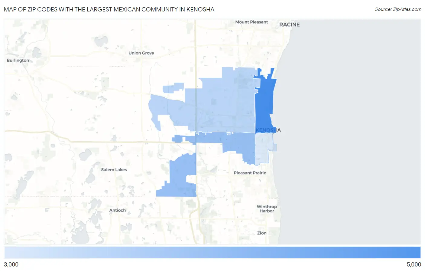 Zip Codes with the Largest Mexican Community in Kenosha Map