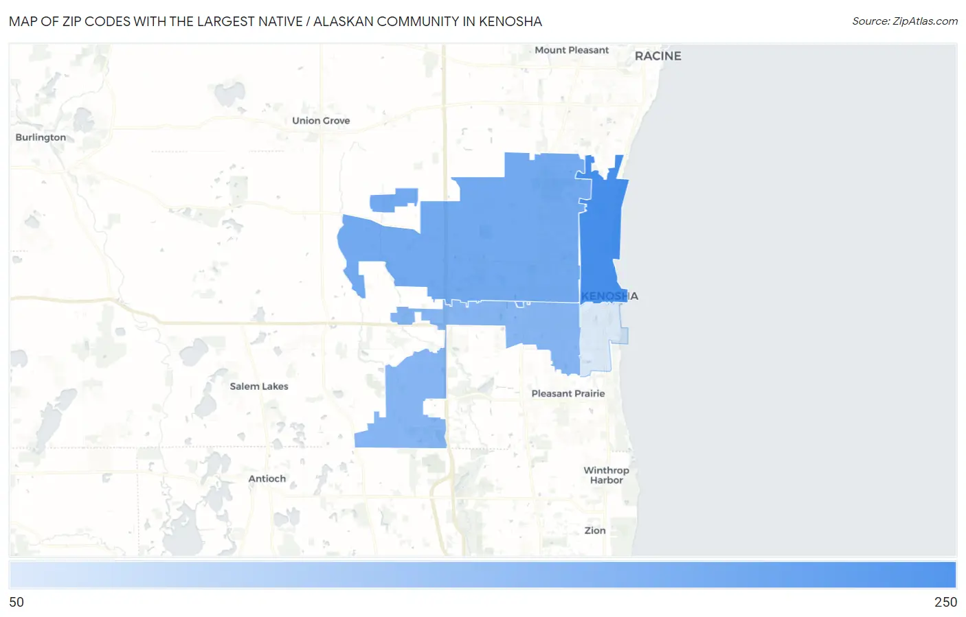 Zip Codes with the Largest Native / Alaskan Community in Kenosha Map