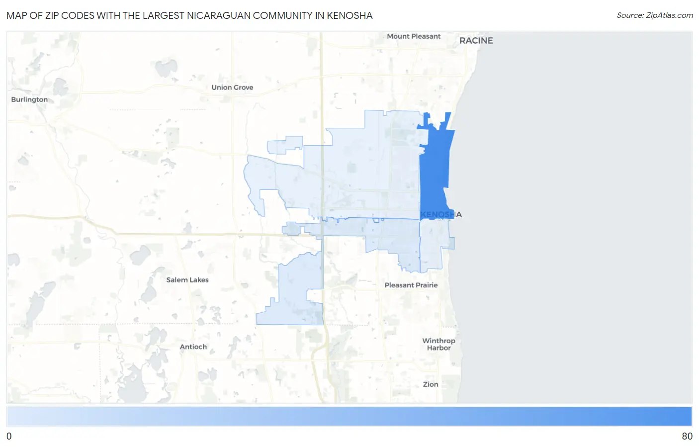 Zip Codes with the Largest Nicaraguan Community in Kenosha Map