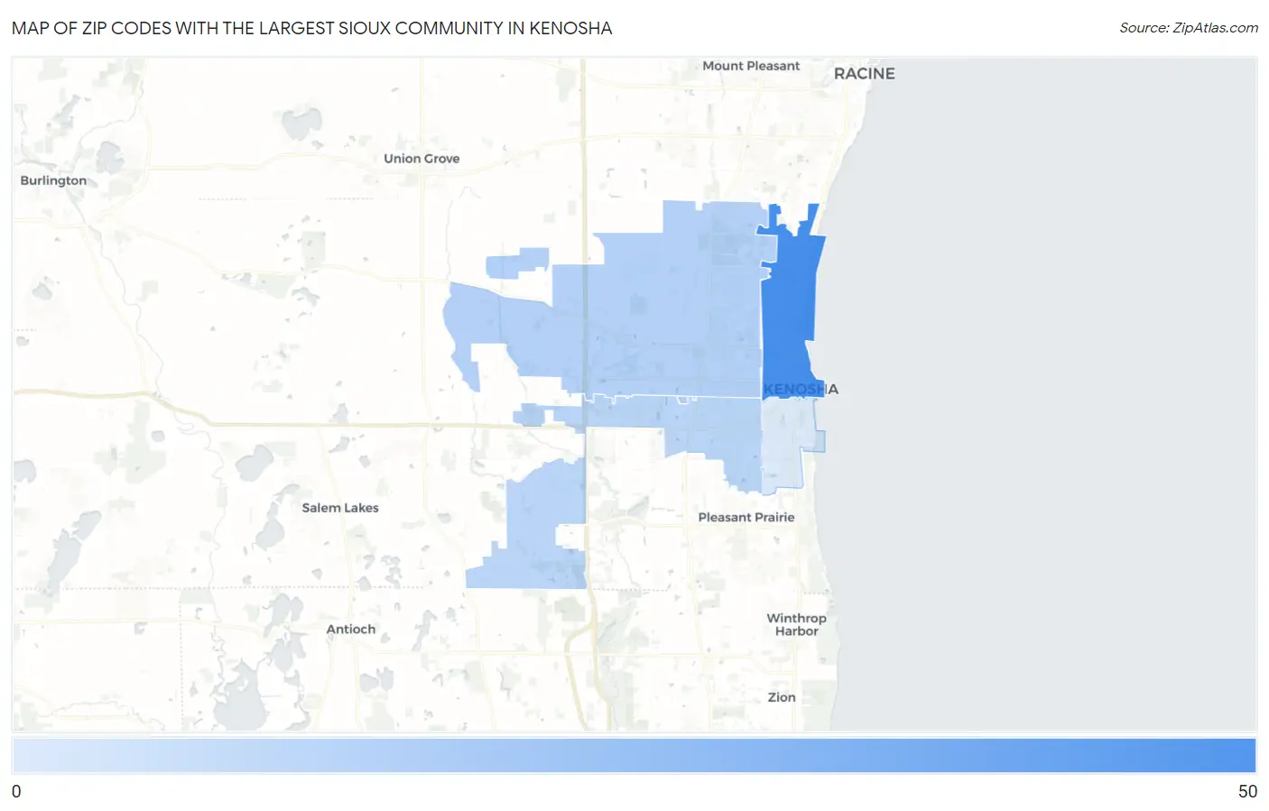 Zip Codes with the Largest Sioux Community in Kenosha Map