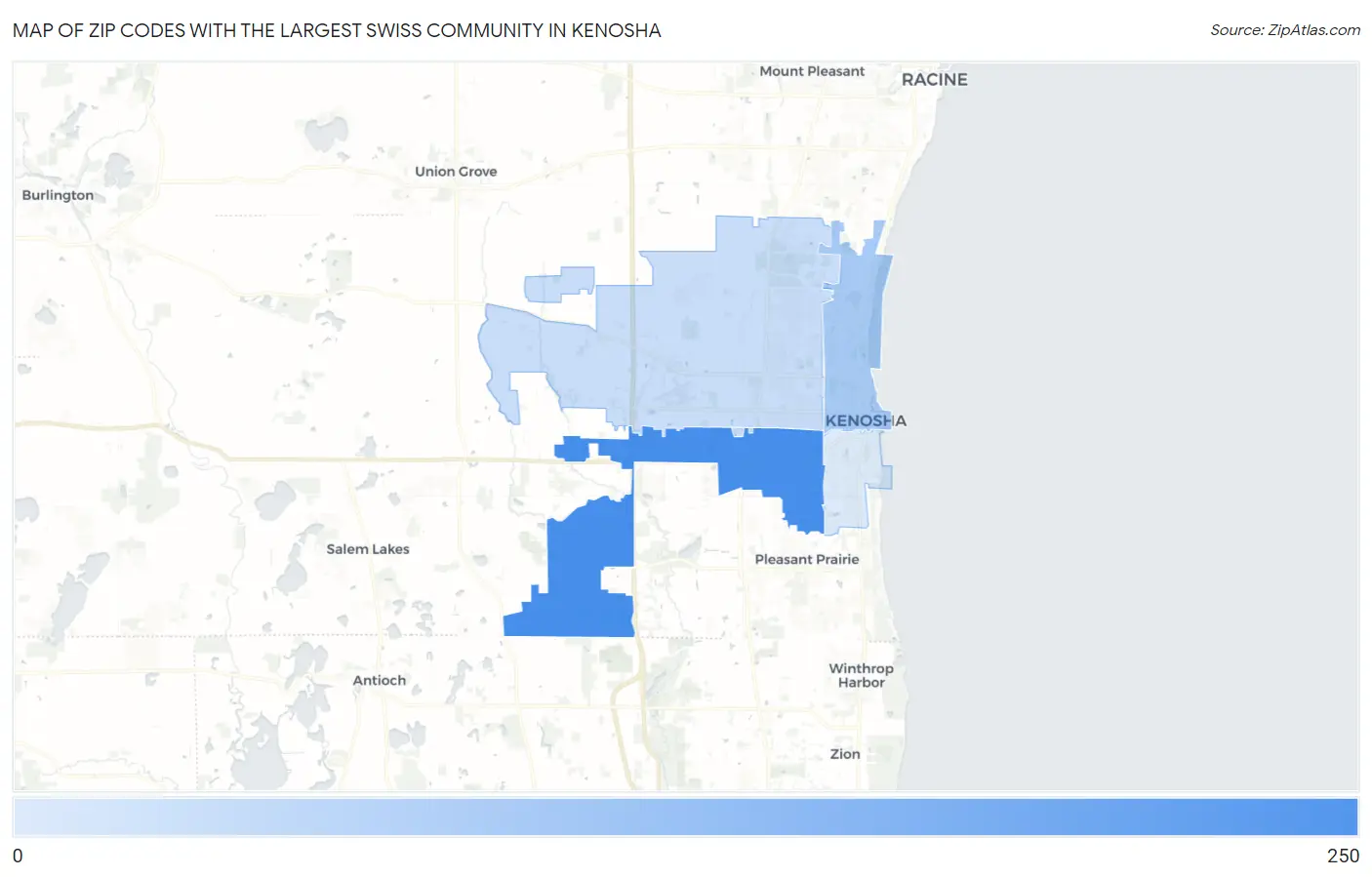 Zip Codes with the Largest Swiss Community in Kenosha Map