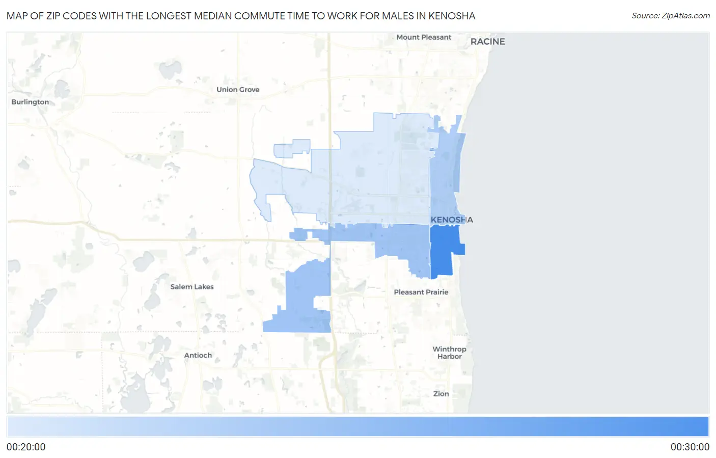 Zip Codes with the Longest Median Commute Time to Work for Males in Kenosha Map