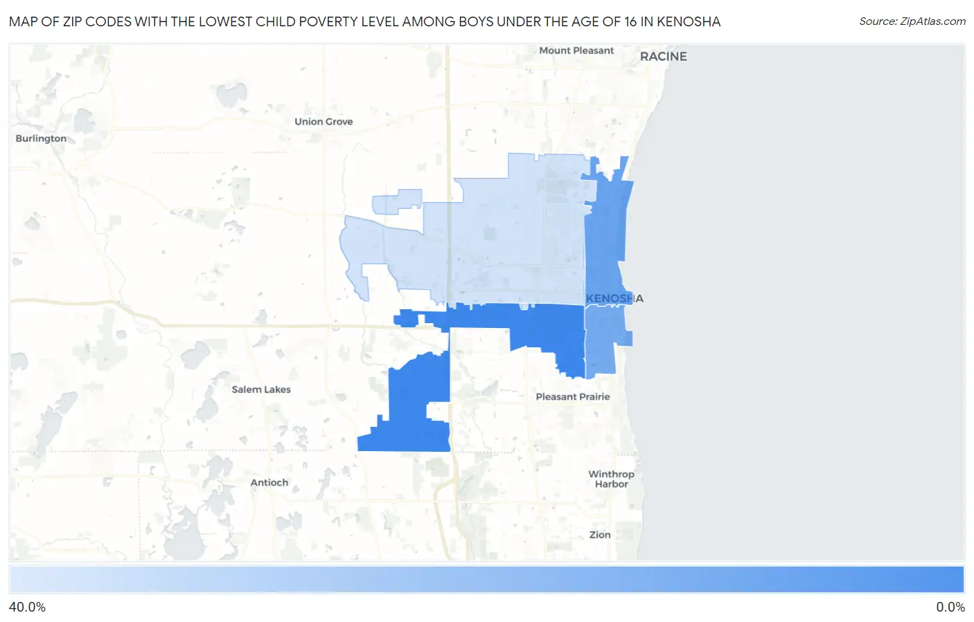 Zip Codes with the Lowest Child Poverty Level Among Boys Under the Age of 16 in Kenosha Map