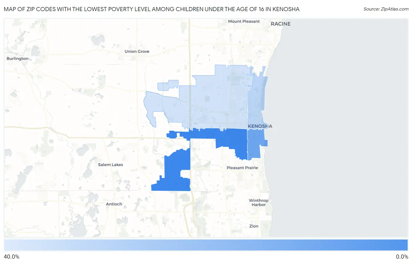 Zip Codes with the Lowest Poverty Level Among Children Under the Age of 16 in Kenosha Map