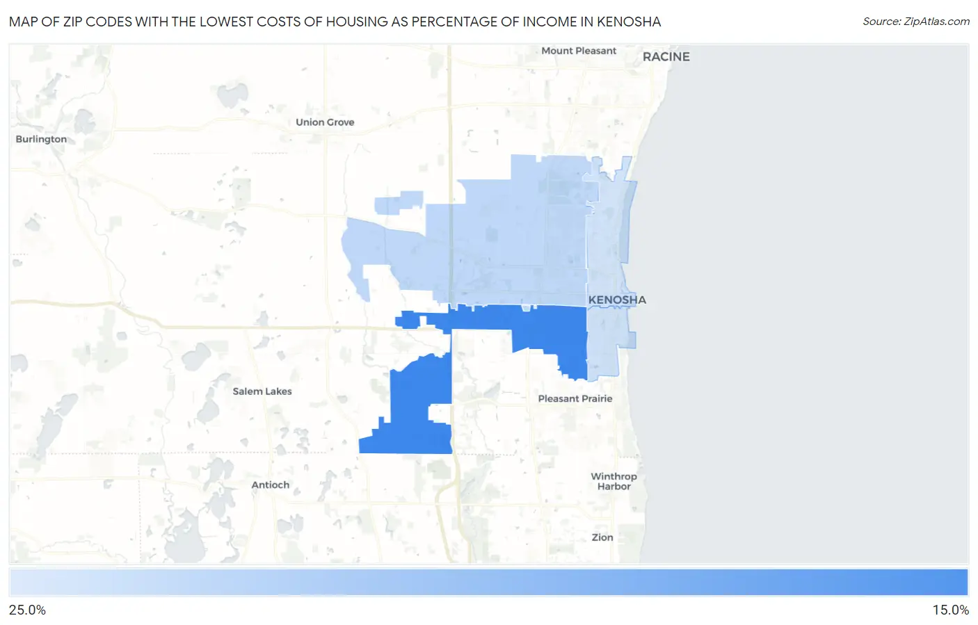 Zip Codes with the Lowest Costs of Housing as Percentage of Income in Kenosha Map