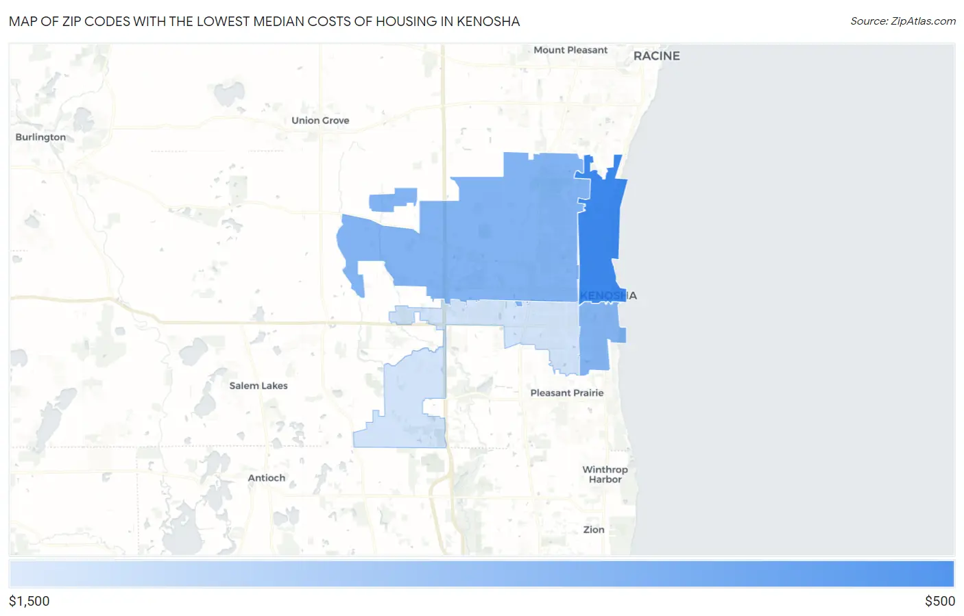Zip Codes with the Lowest Median Costs of Housing in Kenosha Map