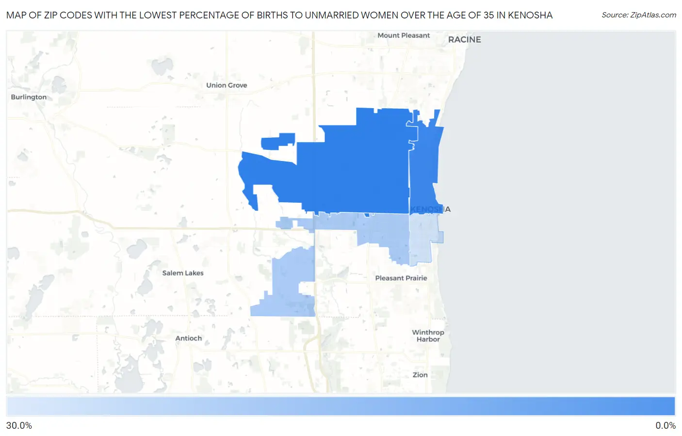Zip Codes with the Lowest Percentage of Births to Unmarried Women over the Age of 35 in Kenosha Map