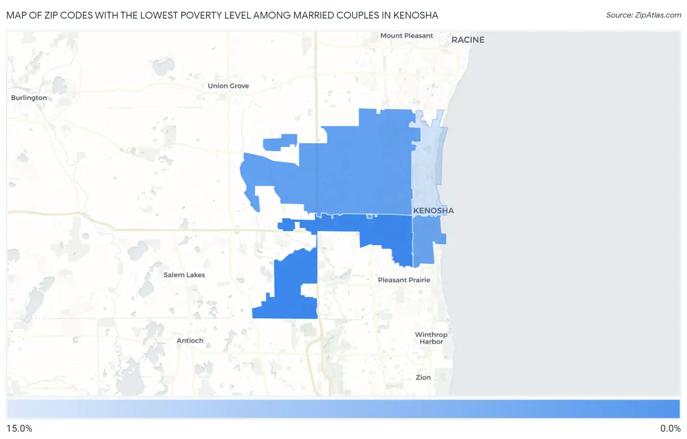 Zip Codes with the Lowest Poverty Level Among Married Couples in Kenosha Map