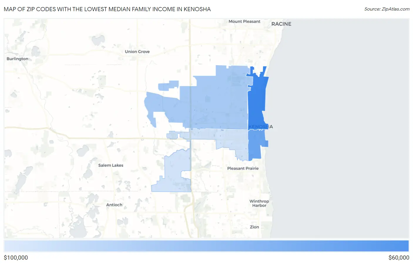 Zip Codes with the Lowest Median Family Income in Kenosha Map