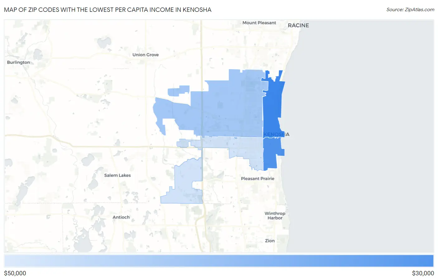 Zip Codes with the Lowest Per Capita Income in Kenosha Map