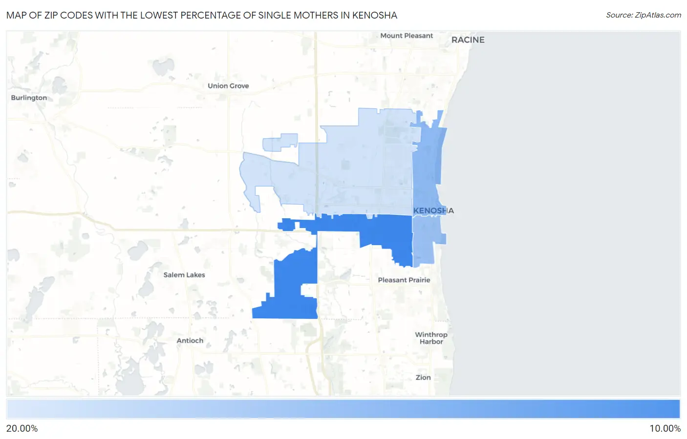 Zip Codes with the Lowest Percentage of Single Mothers in Kenosha Map