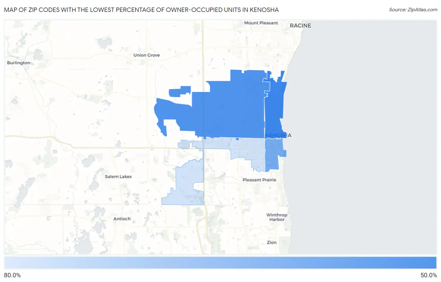 Zip Codes with the Lowest Percentage of Owner-Occupied Units in Kenosha Map