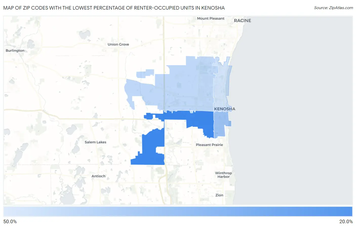 Zip Codes with the Lowest Percentage of Renter-Occupied Units in Kenosha Map