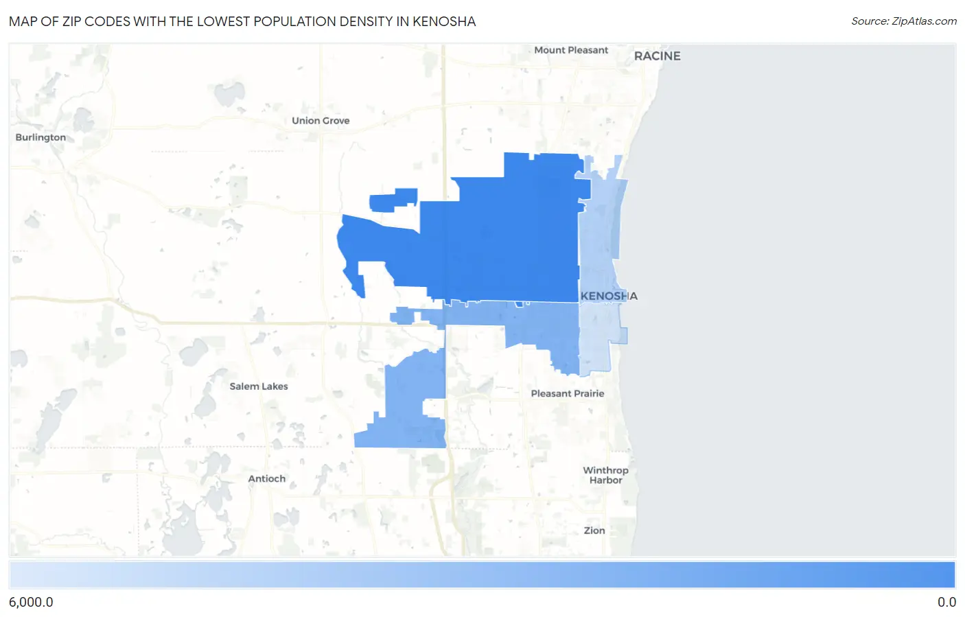 Zip Codes with the Lowest Population Density in Kenosha Map