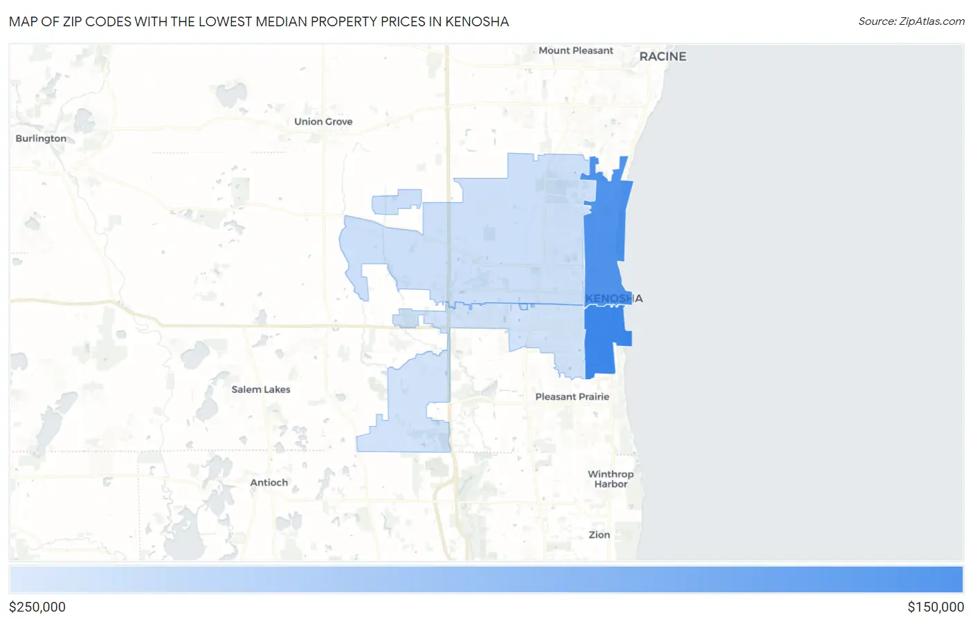 Zip Codes with the Lowest Median Property Prices in Kenosha Map