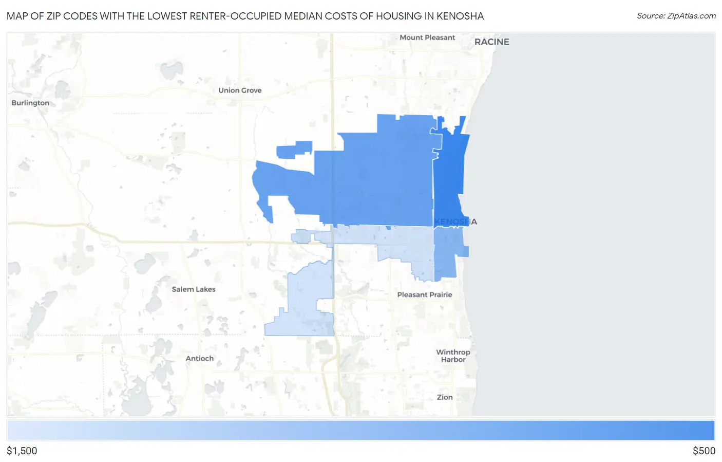 Zip Codes with the Lowest Renter-Occupied Median Costs of Housing in Kenosha Map