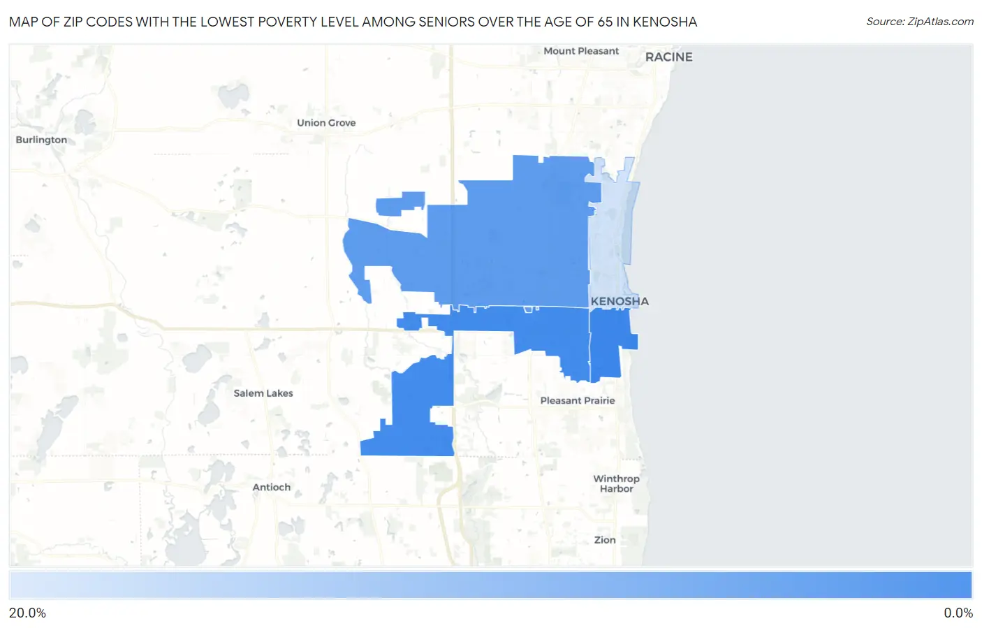 Zip Codes with the Lowest Poverty Level Among Seniors Over the Age of 65 in Kenosha Map
