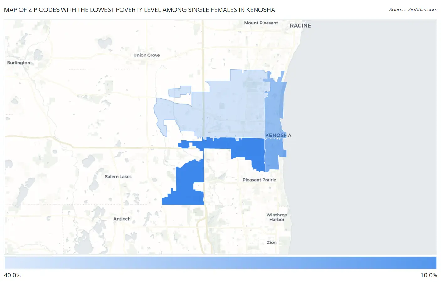 Zip Codes with the Lowest Poverty Level Among Single Females in Kenosha Map