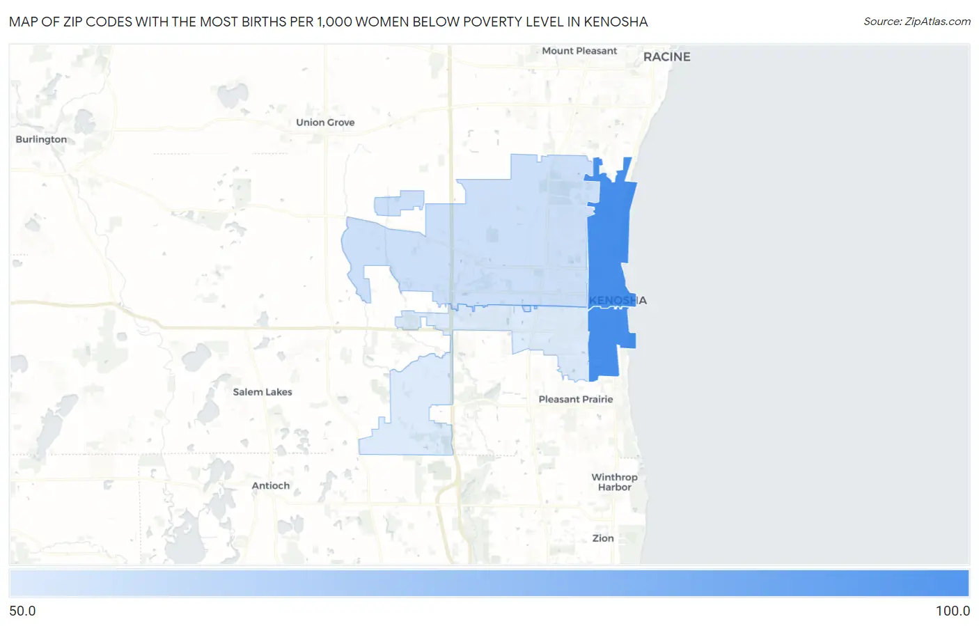 Zip Codes with the Most Births per 1,000 Women Below Poverty Level in Kenosha Map
