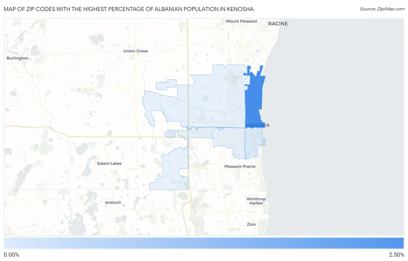 Zip Codes with the Highest Percentage of Albanian Population in Kenosha Map