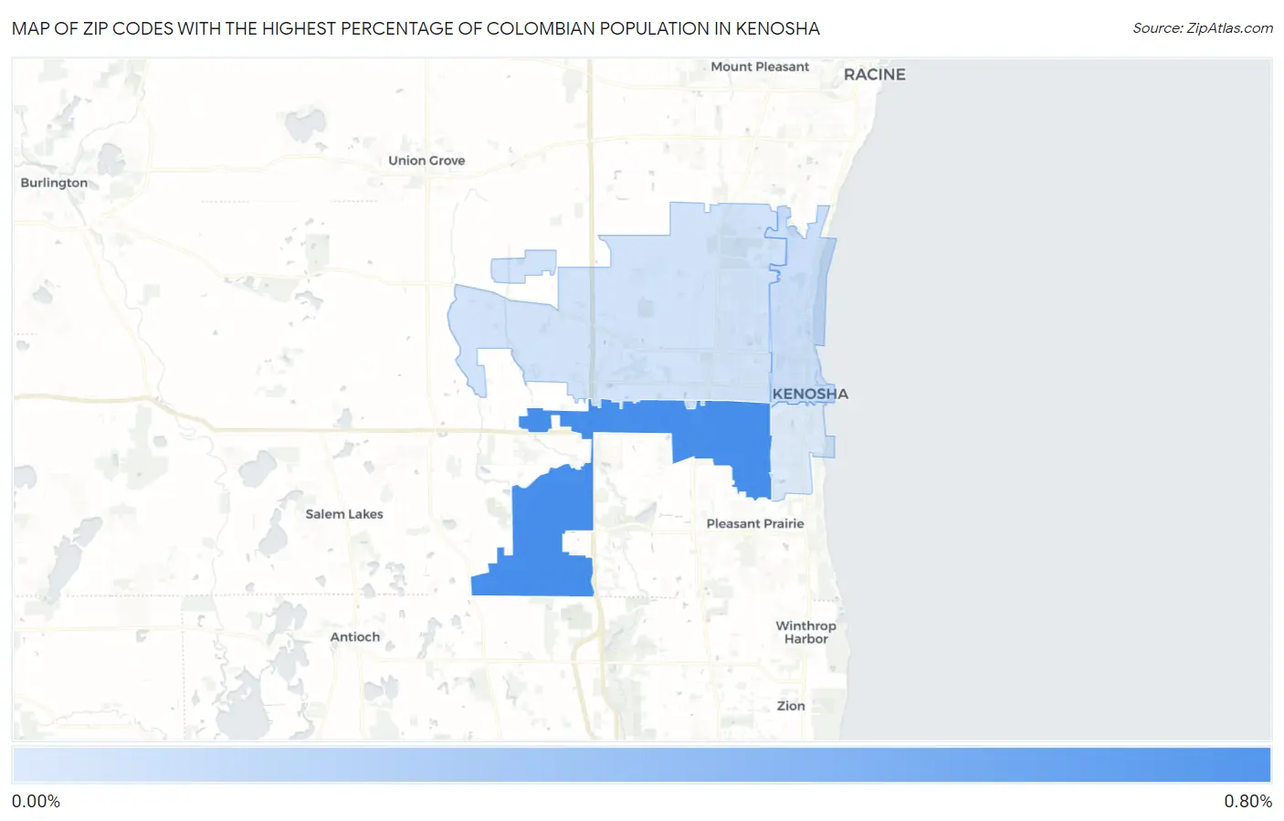 Zip Codes with the Highest Percentage of Colombian Population in Kenosha Map