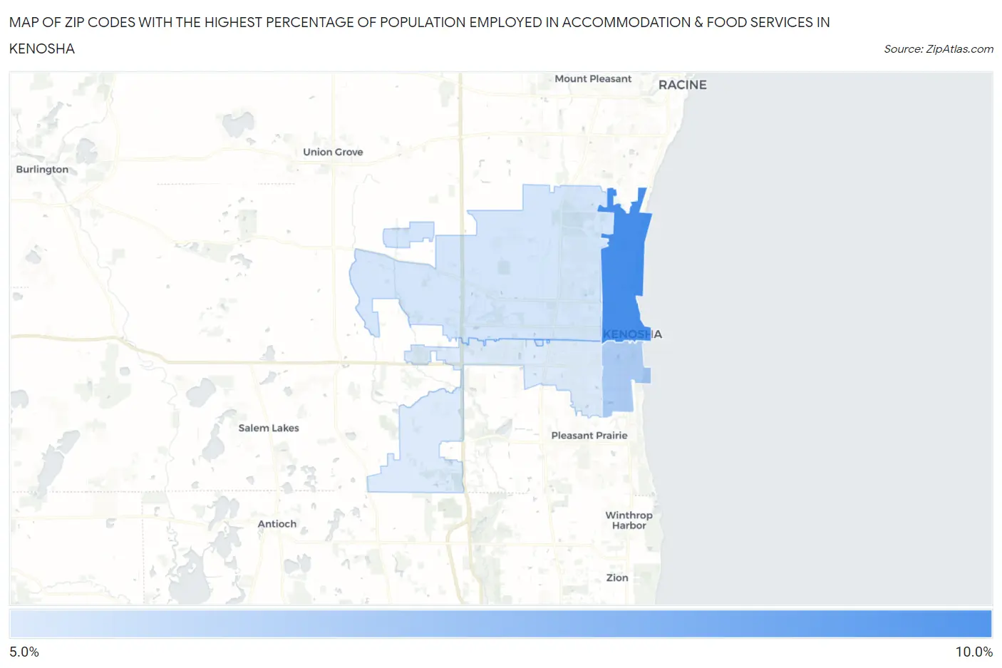 Zip Codes with the Highest Percentage of Population Employed in Accommodation & Food Services in Kenosha Map
