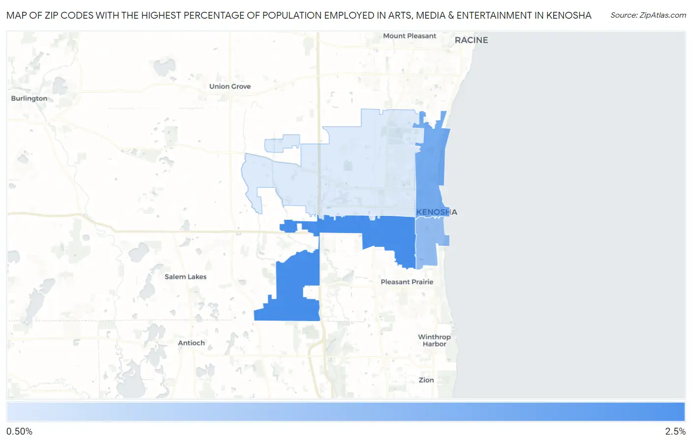 Zip Codes with the Highest Percentage of Population Employed in Arts, Media & Entertainment in Kenosha Map