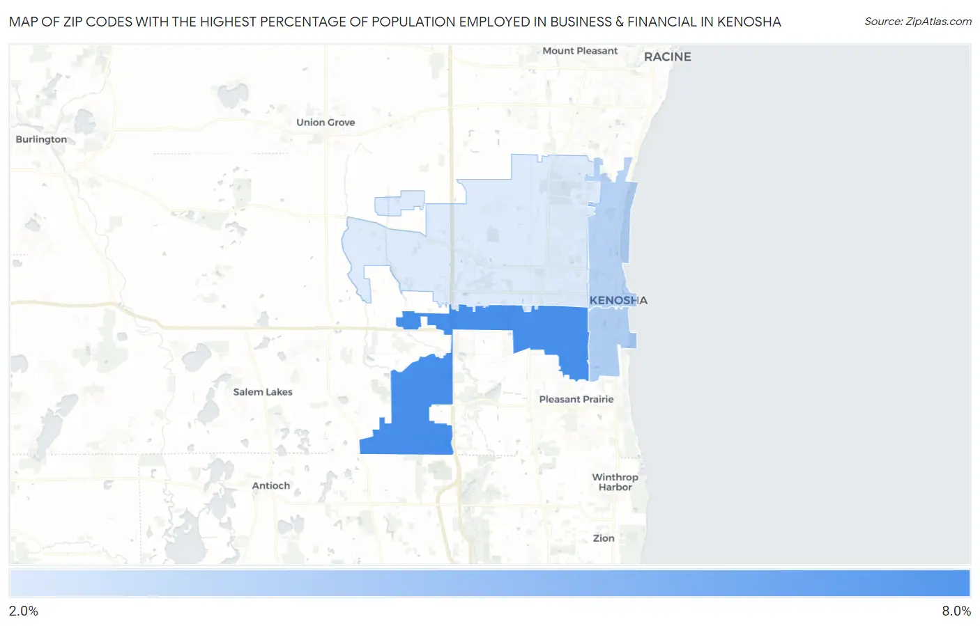 Zip Codes with the Highest Percentage of Population Employed in Business & Financial in Kenosha Map