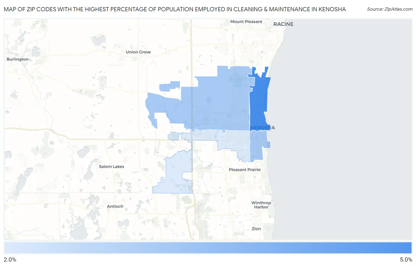 Zip Codes with the Highest Percentage of Population Employed in Cleaning & Maintenance in Kenosha Map